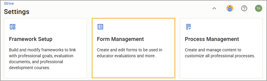 Settings menu displaying options for Framework Setup, Form Management, and Process Management.